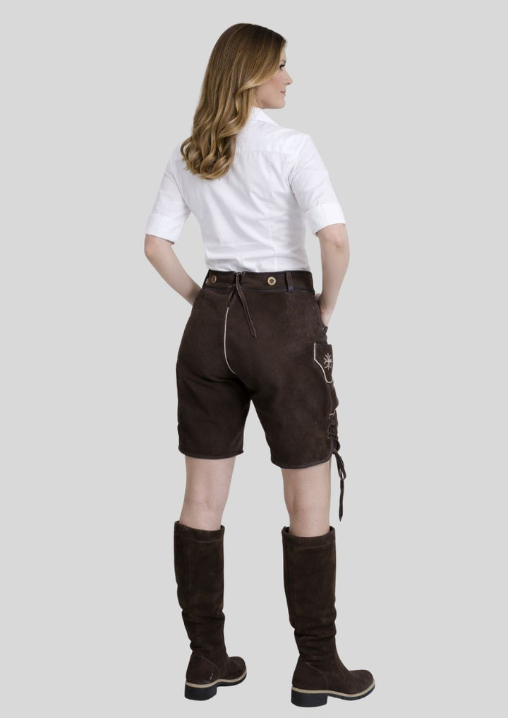 Braune Damen Trachtenlederhose mit weißer Blumenstickerei