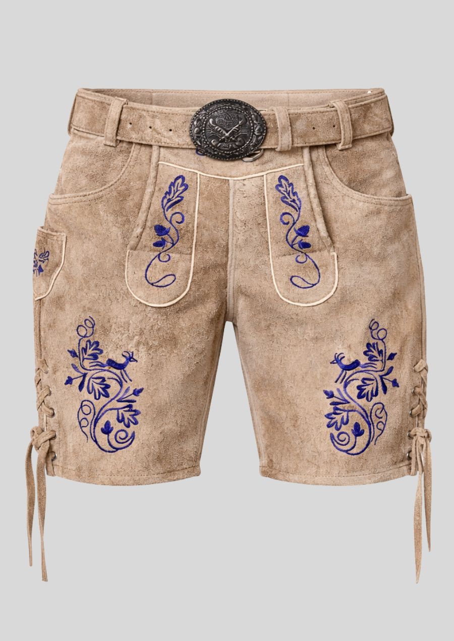 Braune Damen Lederhose mit blauer Hirsch und Blumen Stickerei Oktoberfest