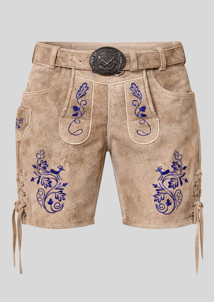 Braune Damen Lederhose mit blauer Hirsch und Blumen Stickerei Oktoberfest