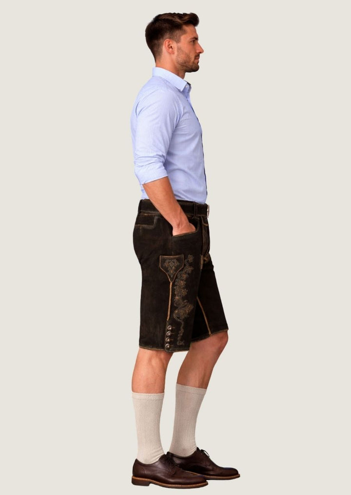 Herren Ziegenvelours Lederhose aus weichem Wildleder, ideal für das Oktoberfest und traditionelle Trachten
